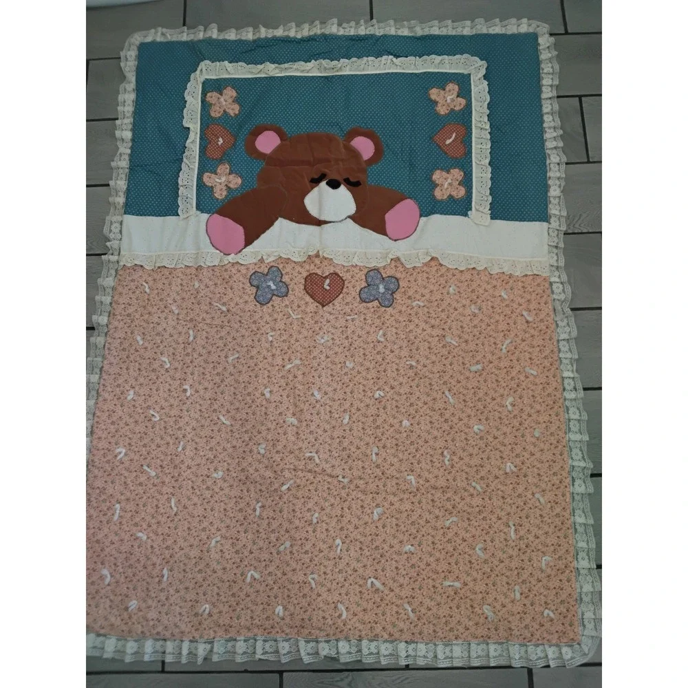 Handmade Vintage Teddy‎ Bear Quilted Baby Blanket Lace Trim Teal Peach 46x58